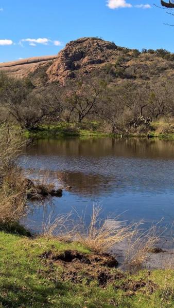 Just beyond, you'll be greeted with views of a stunning landscape and serene pond. 